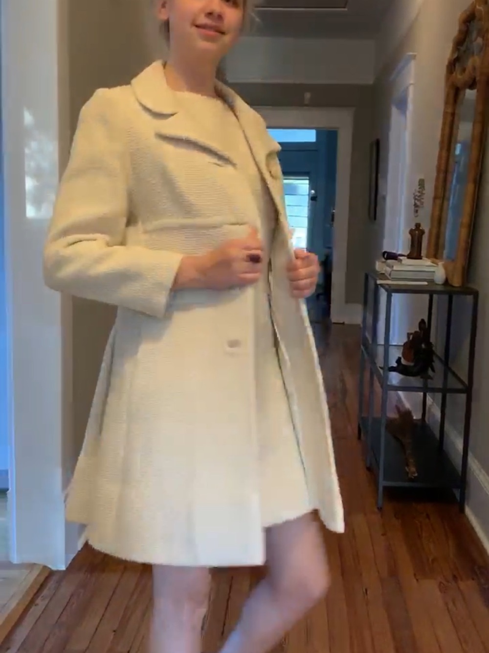 60s Vintage Women’s Cream Woven Mini Dress and Coat Set